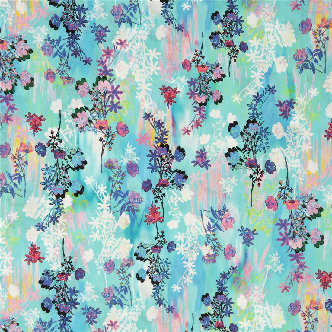 white purple flowers on blue watercolor by Robert Kaufman cotton lawn fabric Fabric by Robert