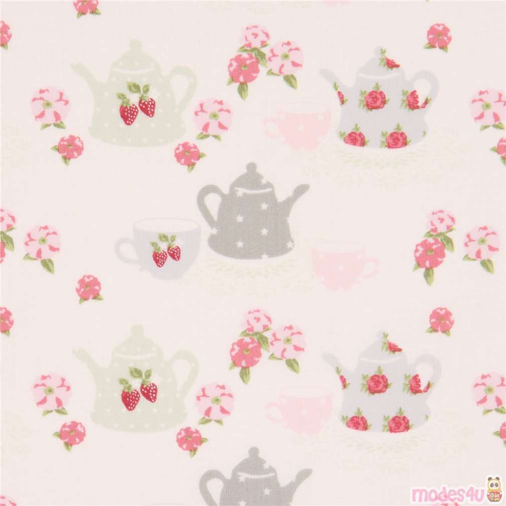 white with teapot flower laminate fabric by Lecien modeS4u