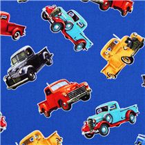 blue classic car fabric Vintage Pickup Trucks from the USA - Fabric for ...