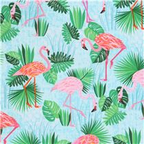 light blue Robert Kaufman fabric pink flamingo green leaves - Animal ...