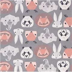 Tissu gris avec des animaux ttes de pandas, lphants, lions coupon (coupon)
