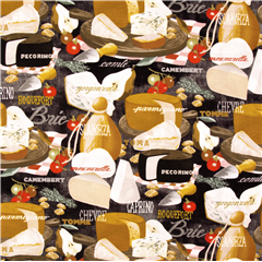 Allover noir assiette  fromage tissu alimentaire coton USA poires tomate mozarella Tissu par Sykel Enterprises