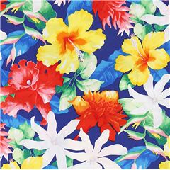 Tissu bleu fleurs hawaennes tropicales arc-en-ciel Tissu par Trans-Pacific Textiles