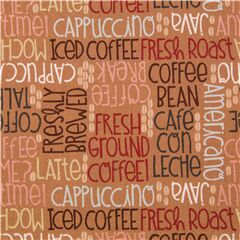 Tissu marron grains de caf, mots anglais java, capuccino, iced Tissu par Michael Miller