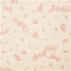 Tissu en coton au coloris naturel avec des chat et des notes de musique roses Tissu par Japanese Indie