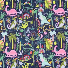 Tissu minky bleu fonc dinosaures multicolores arcs-en-ciel feuilles Tissu par Dear Stella
