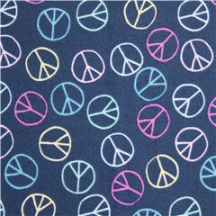 Tissu en coton bleu fonc avec des signes de paix multicolores Tissu par Dear Stella