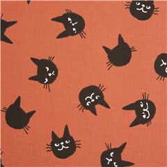 Tissu Oxford corail avec des ttes de chat noirs aux expressions diffrentes Tissu