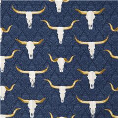 Tissu coton bleu fonc ttes de bison morts blanches style western Tissu