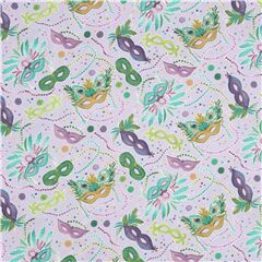 Tissu Mardi Gras avec des masques de bals verts jaunes violets coupon (coupon)