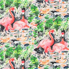 Tissu avec des oiseaux, des flamants roses et des feuilles vertes aquarelle Tissu par Dear Stella