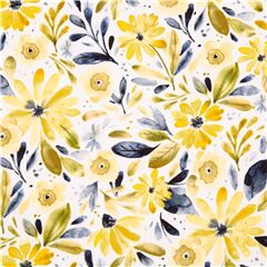 Minky weier Blumenstoff mit gelben Blumen und Blattmotiven Stoff von Dear Stella