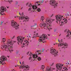 Tissu rose avec des fleurs et des oiseaux bleus et jaunes Tissu par Dear Stella