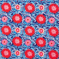 Tissu en coton bleu fleurs rouges graphiques sur volutes bleues Tissu par Liberty Fabrics