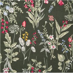Tissu linon en coton vert fonc avec des bouquets de fleurs sauvages vintage Tissu par Japanese Indie