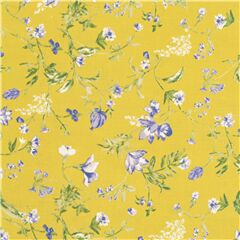 Tissu linon coton jaune verdtre fleurs bleues parpilles dans tous les sens Tissu par Hokkoh