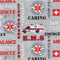 Tissu gris avec mots d'apprciation toiles de vie rouges d'urgence mdicale Tissu par Sykel Enterprises