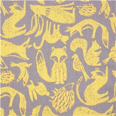 Tissu popeline broadcloth japonais gris oiseaux renards livres hrissons faune Tissu