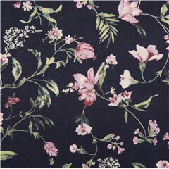 Tissu linon en coton bleu encre avec des fleurs violettes en vrac Tissu par Hokkoh