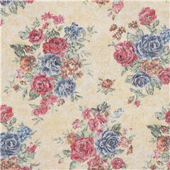 Tissu Oxford japonais crme avec des bouquets de roses roses bleues Tissu