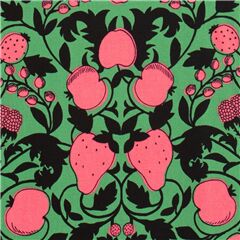 Tissu Oxford japonais vert avec des motifs d'ornements noirs et des baies roses Tissu par Japanese Indie