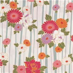 Tissu japonais textur blanc ray  fleurs rouges violettes pour kimonos Tissu par Kokka