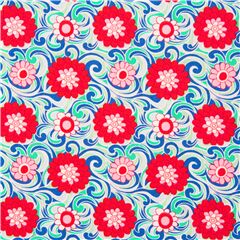 Tissu grandes fleurs roses et rouges, tourbillons bleus blancs Tissu par Liberty Fabrics