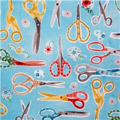Colourful Sewing Scissors and Mini Flowers Fabric by Michael Miller