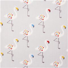 Tissu Oxford gris clair flamants blancs au bec et au plumage multicolores Tissu