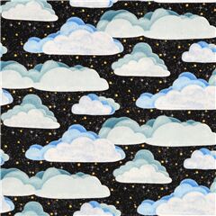 Tissu en coton noir avec des nuages blancs et des toiles jaunes Tissu par Michael Miller