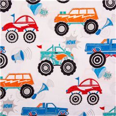 Tissu en coton blanc vhicules et monster trucks multicolores Tissu par Michael Miller
