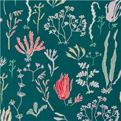 Tissu en coton vert sarcelle avec des plantes multicolores Tissu par Michael Miller