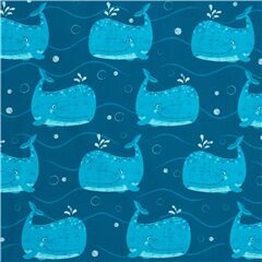 Tissu en coton bleu fonc avec un motif de grandes baleines coupon (coupon)