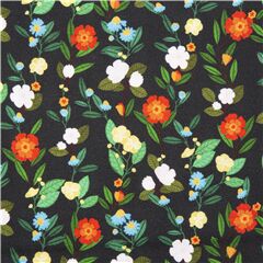 Tissu gris fonc avec des fleurs orange et des feuilles vertes coupon (coupon)