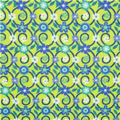 Tissu en coton vert citron, treillis bleus, fleurs aux tons froids Tissu par Michael Miller