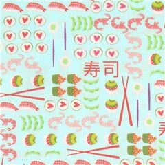 Tissu en coton vert menthe avec des sushis japonais et du riz Tissu par Michael Miller