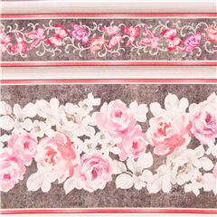 Tissu en coton gris  bandes avec des fleurs roses et papillons Tissu par Michael Miller