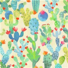 Tissu en coton jaune avec des cactus et des plantes vertes Tissu par Michael Miller