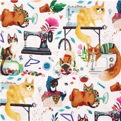 Tissu en coton blanc Dear Stella machine  coudre et fournitures chats espigles Tissu