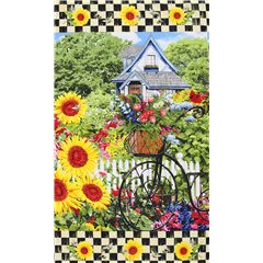 Tissu  panneaux  carreaux multicolore avec des maisons de campagne et des jardins de fleurs Tissu par Sykel Enterprises