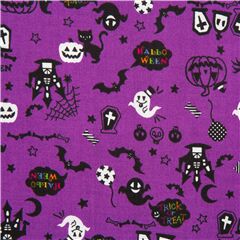 Tissu d'Halloween rose-violet, crnes de chats noirs, citrouilles, fantmes Tissu