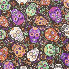 Tissu minky en polyester noir avec des crnes multicolores Tissu par Timeless Treasures