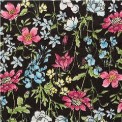 Tissu linon en coton noir fminin avec des fleurs multicolores Tissu par Hokkoh