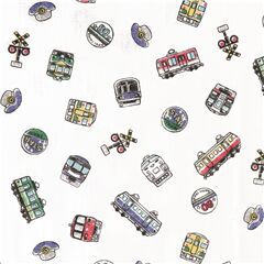 Tissu blanc double gaze en coton avec des trains rouges bleus verts Tissu par Cosmo