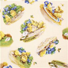 Tissu de Pques en coton crme avec des poussins et des fleurs Tissu par Elizabeth's Studio