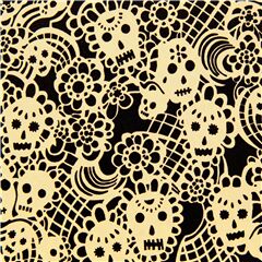 Tissu noir coton avec des napperons ttes de mort en sucre beige Tissu