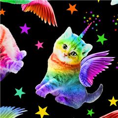 Tissu Timeless Treasures noir avec des chats-licornes arc-en-ciel Tissu par Timeless Treasures
