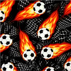 Tissu noir avec des ballons de football et des flammes Tissu par Timeless Treasures