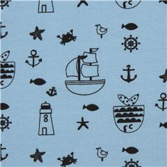 Tissu jersey molleton sweat Stof Fabrics Avalana bleu avec des bateaux, poissons Tissu par Stof France