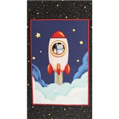 Tissu  panneaux bleus avec des toiles l'espace une fuse rouge Tissu par Michael Miller